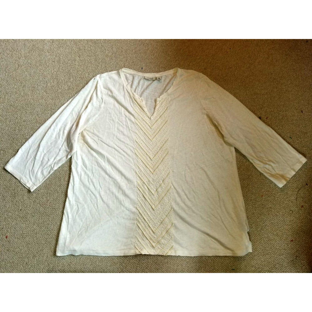 Womens Top-L L BEAN-ivory linen blend knit tunic embroidered Cottagecore 3/4-XL